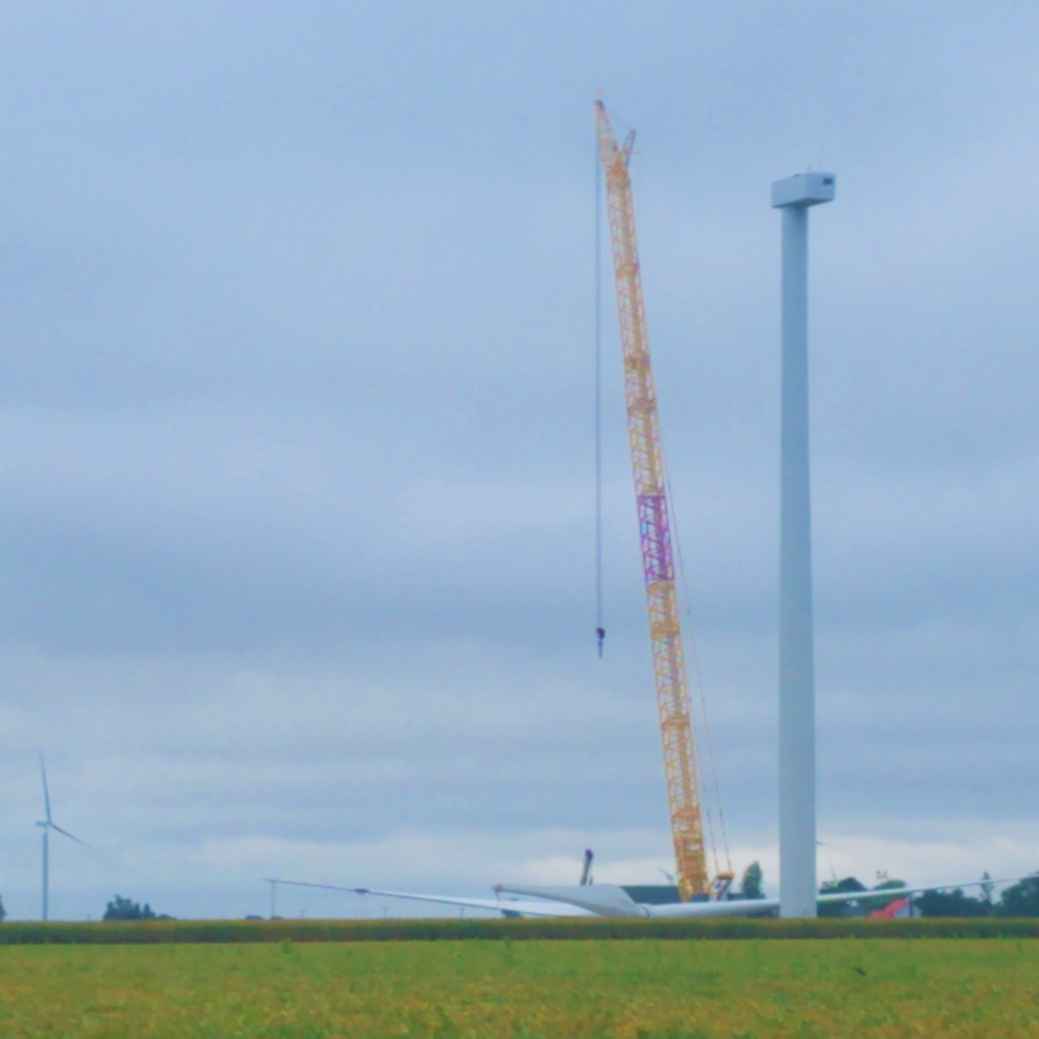 A construction crane assembling a wind turbine in a field with other turbines in the distance.