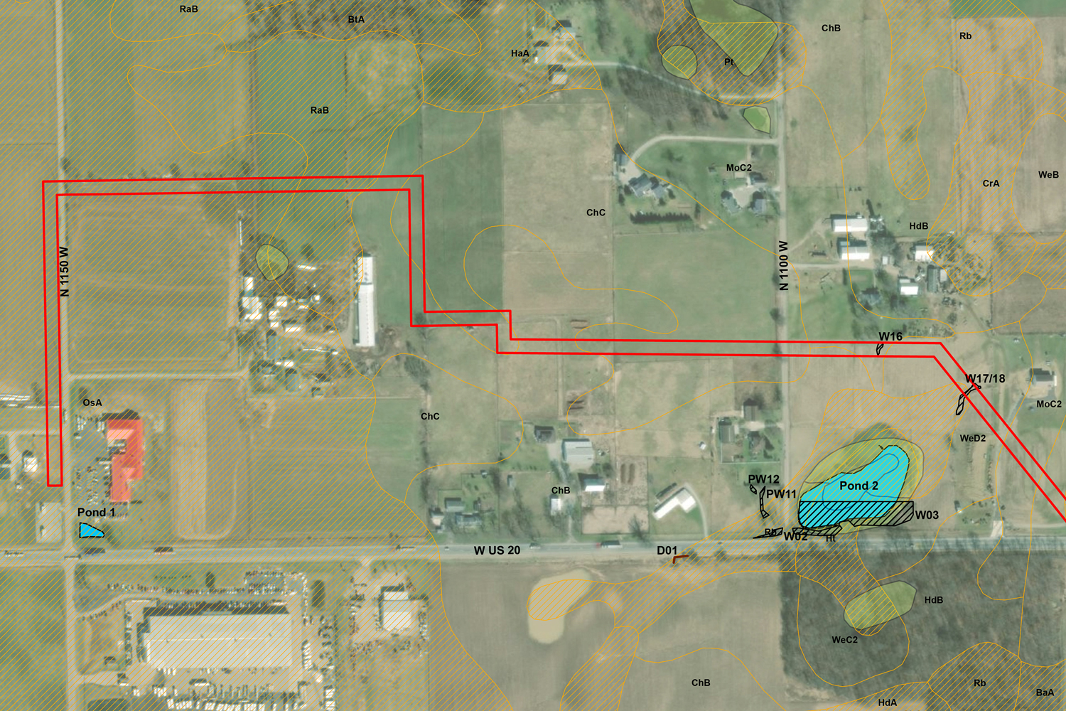 Aerial view of Shipshewana gas line project map showcasing the pipeline route, surrounding terrain, and land use patterns.