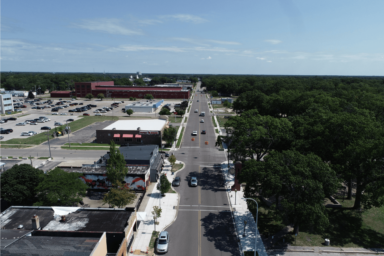 Broadway Avenue drone shot.