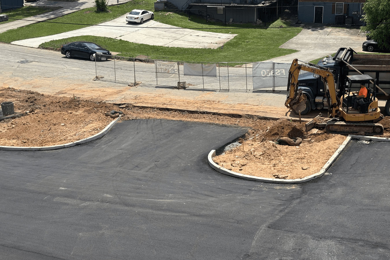 View of parking lot construction progress.