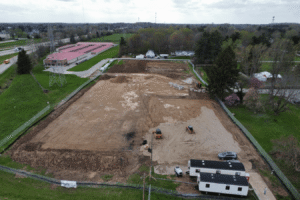 Drone view of the development's construction site.