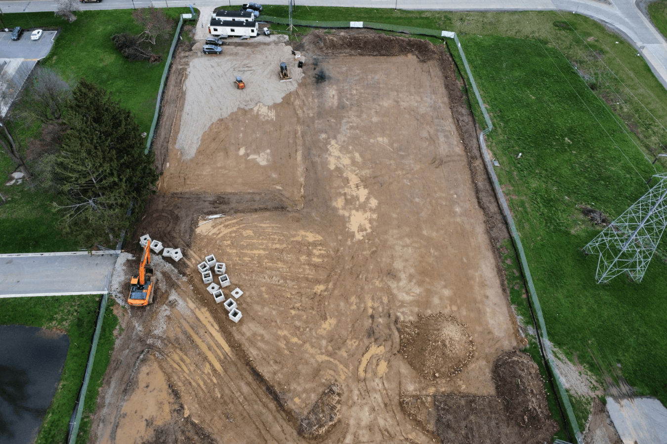 Drone view of the construction site after demolition.