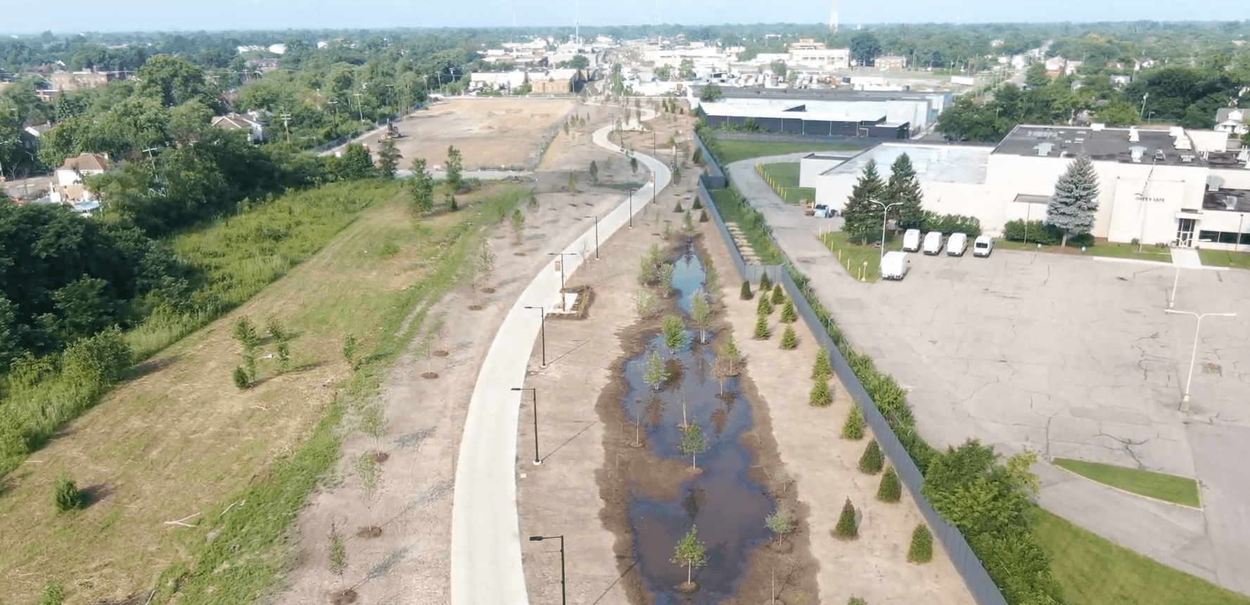 Joe Louis Greenway drone construction footage.